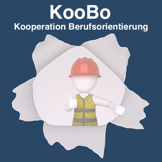 Bild einer gesichtslosen, menschlichen Figur, gekleidet mit einem roten Bauarbeiterhut und einer Warnweste, mit der Bildüberschrift KooBo - Kooperation Berufsorientierung, als Link zur entsprechenden Informationsseite.